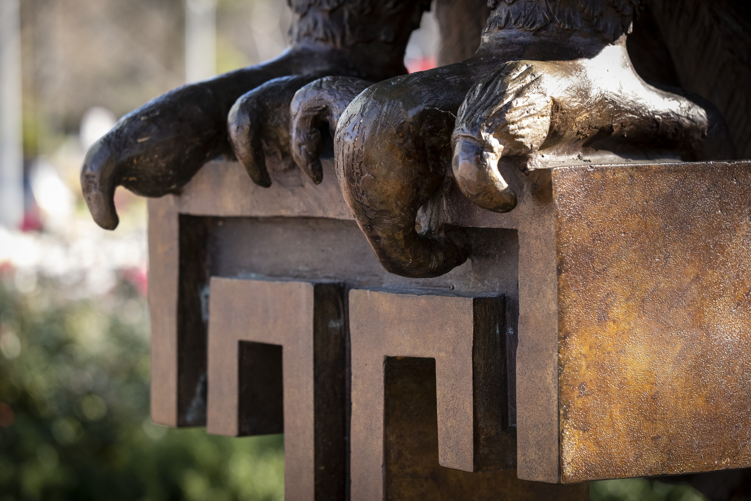 The feet of Temple's Owl statue in O'Connor Plaza on Main Campus.